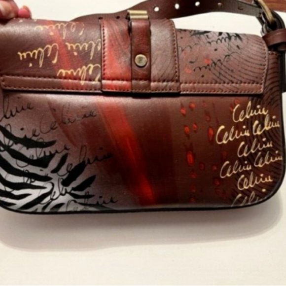 AUTHENTIC CELINE Hand Painted Shoulder Crossbody Bag RARE Animal Print deep red - Picture 6 of 16